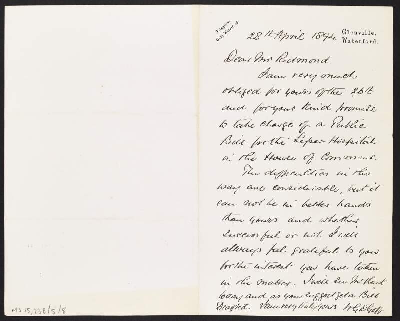 Letter from William D. Goff to John Redmond thanking Redmond for taking charge of the Public Bill for the Leper Hospital,