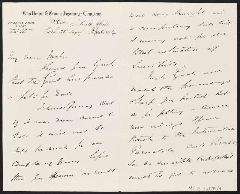 Letter from [Cornelius] O'Keeffe to John Redmond regarding a sale,
