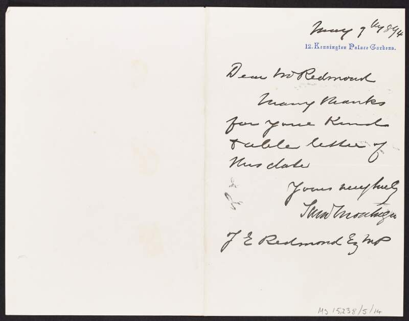 Letter from unidentified person to to John Redmond thanking him for his letter,