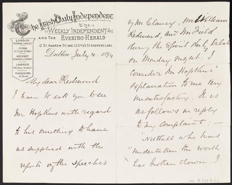 Letter from Edward Byrne to John Redmond requesting he speaks with "Hopkins" regarding his failure to supply reports of speeches,
