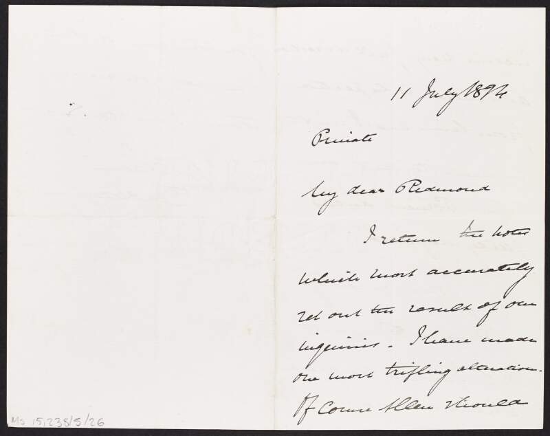 Letter from unidentified person to John Redmond regarding the results of an inquiry,