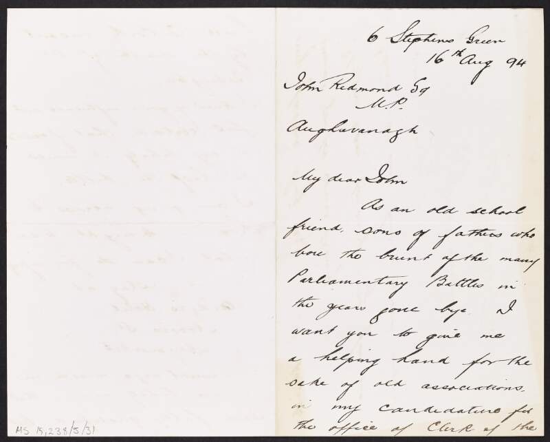 Letter from John Maguire to John Redmond seeking his influence in his candidature for the office of Clerk of the Peace in Co. Cork,