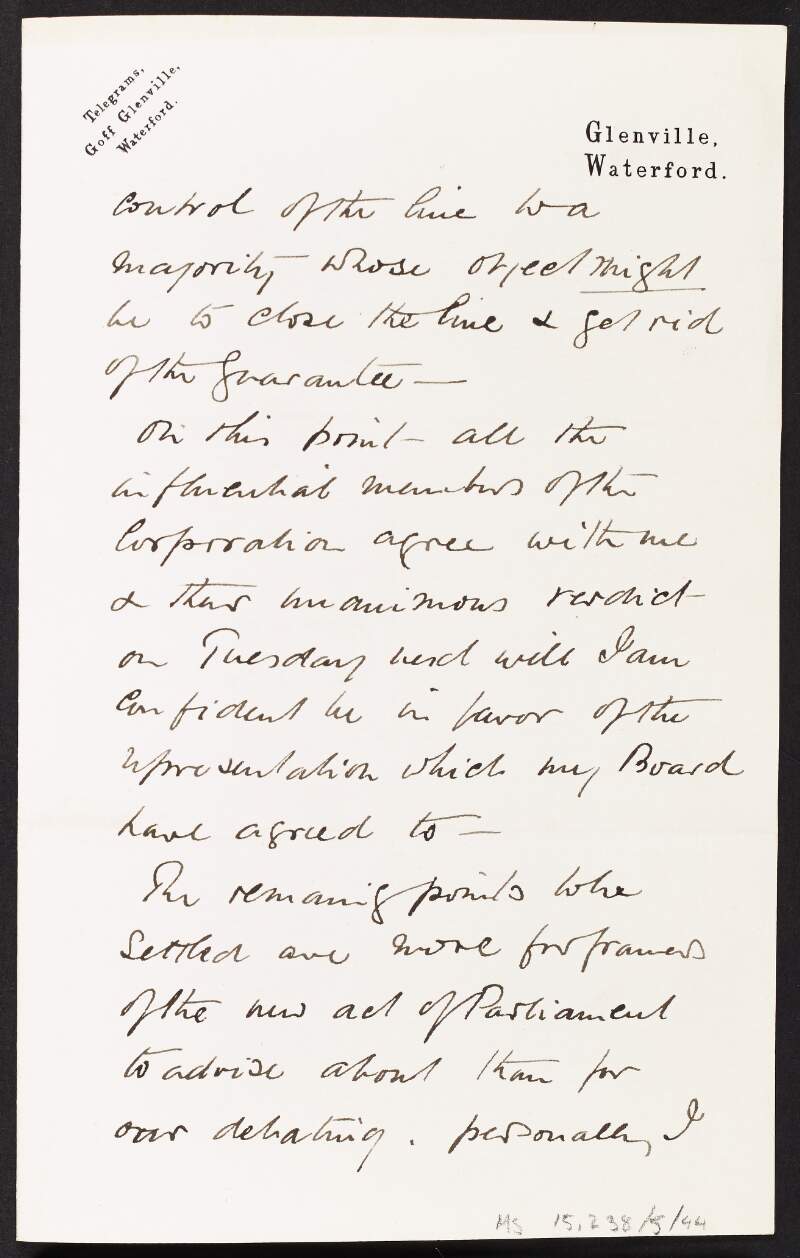 Partial letter from William D. Goff in which he refers to a unanimous verdict from a meeting,
