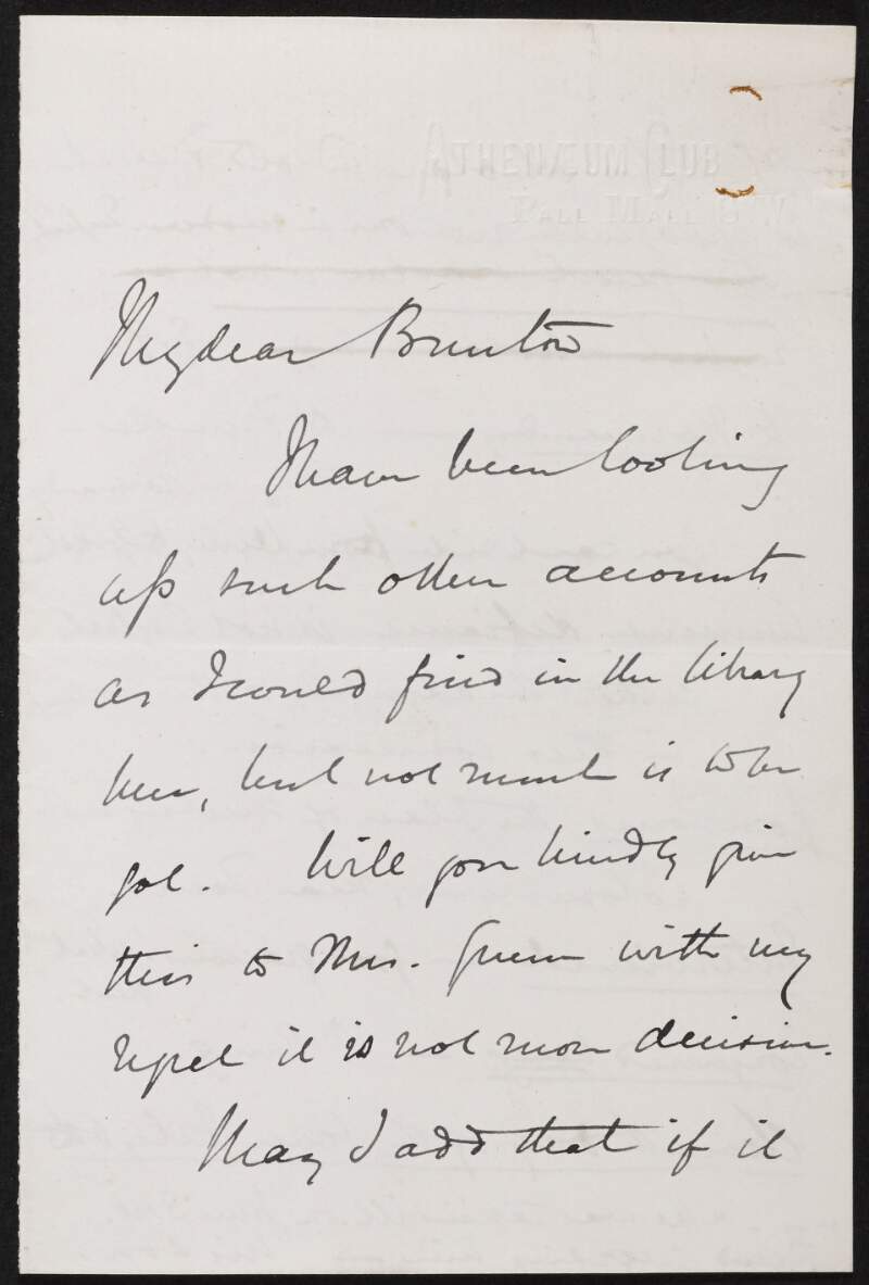 Letter from unidentified person to Thomas Lauder Brunton regarding his library research,