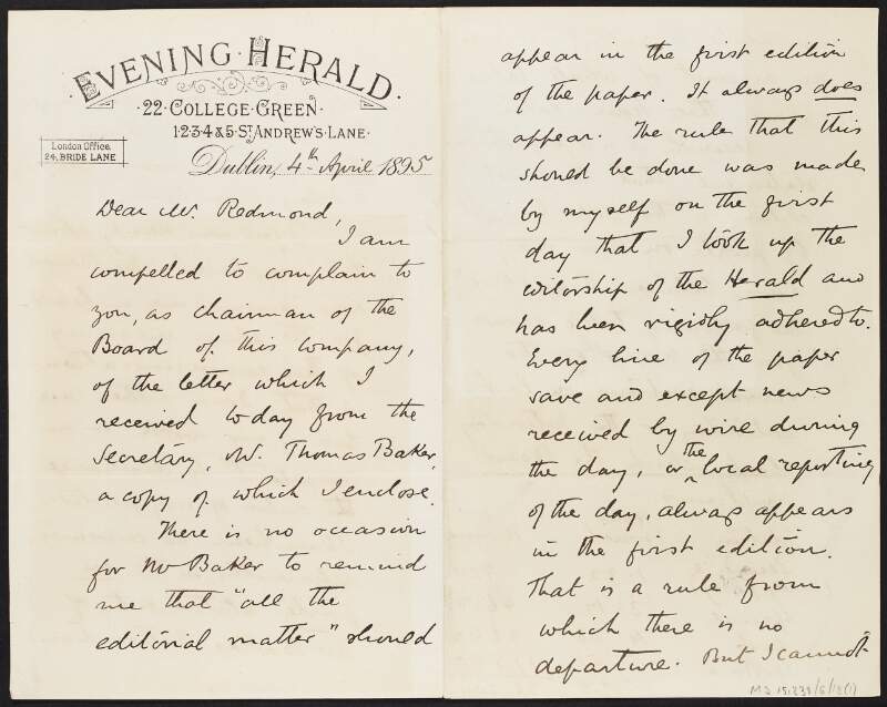 Letter from John Wyse Power to John Redmond enclosing a copy of a letter from Thomas Baker to Wyse Power regarding the editorial rules of the 'Evening Herald',