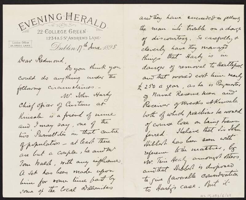 Letter from John Wyse Power to John Redmond seeking Redmond's influence in favour of John Harty, Chief Officer of Customs at Kinsale,