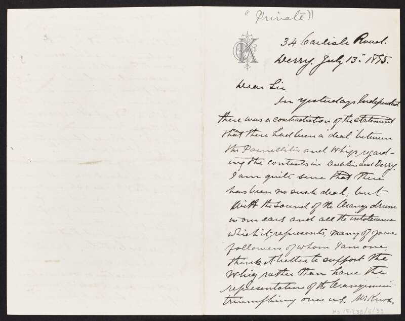 Letter from Michael O'Kane to [John Redmond] regarding the claims of a deal between the Parnellites and whigs in the contests in Dublin and Derry,