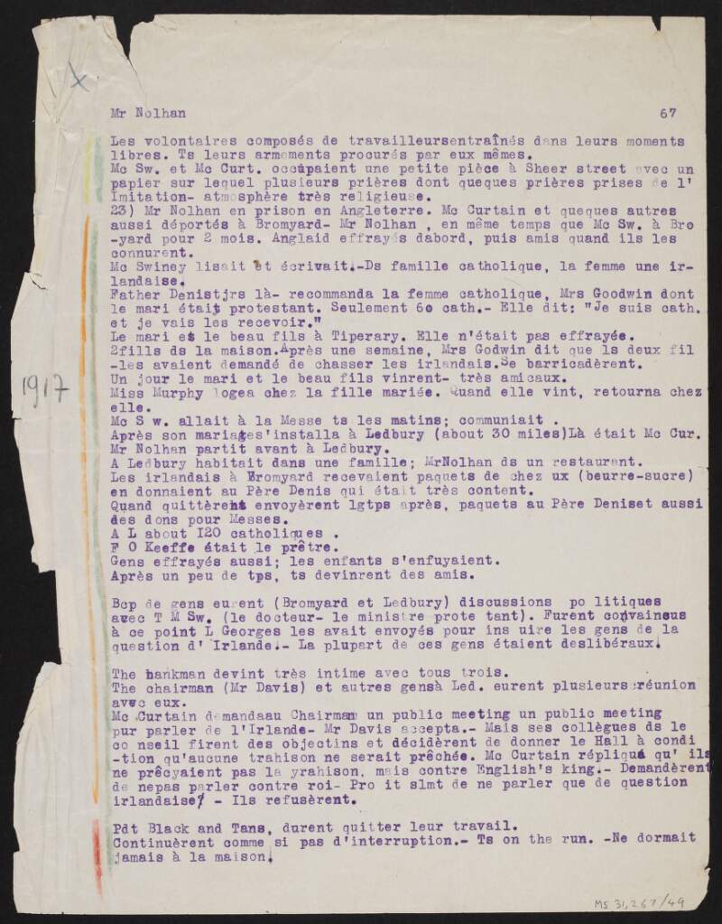 Partial copy letter from an unidentified author to an undentified recipient regarding Tomás MacCurtain, the Irish Volunteers, and the Irish War of Independence,