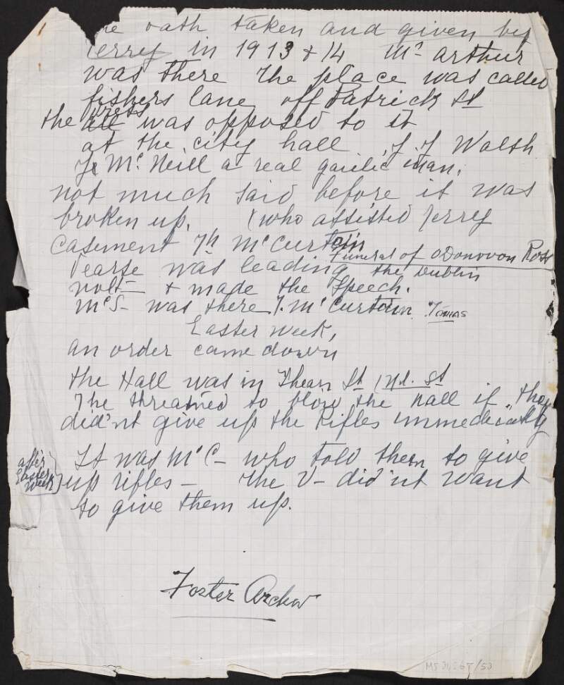 Partial note made by Foster Archer regarding events leading up to the Easter Rising,