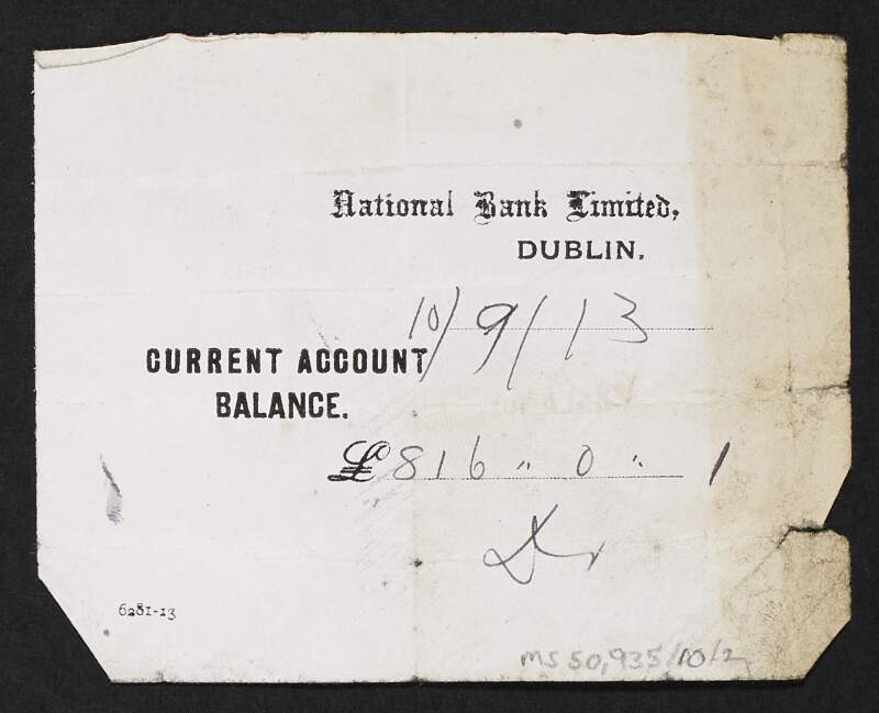 Docket from National Bank Limited, Dublin, listing a current account balance,