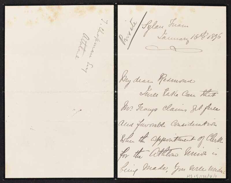 Letter from unidentified person to John Redmond regarding the appointment of a clerk for Athlone,