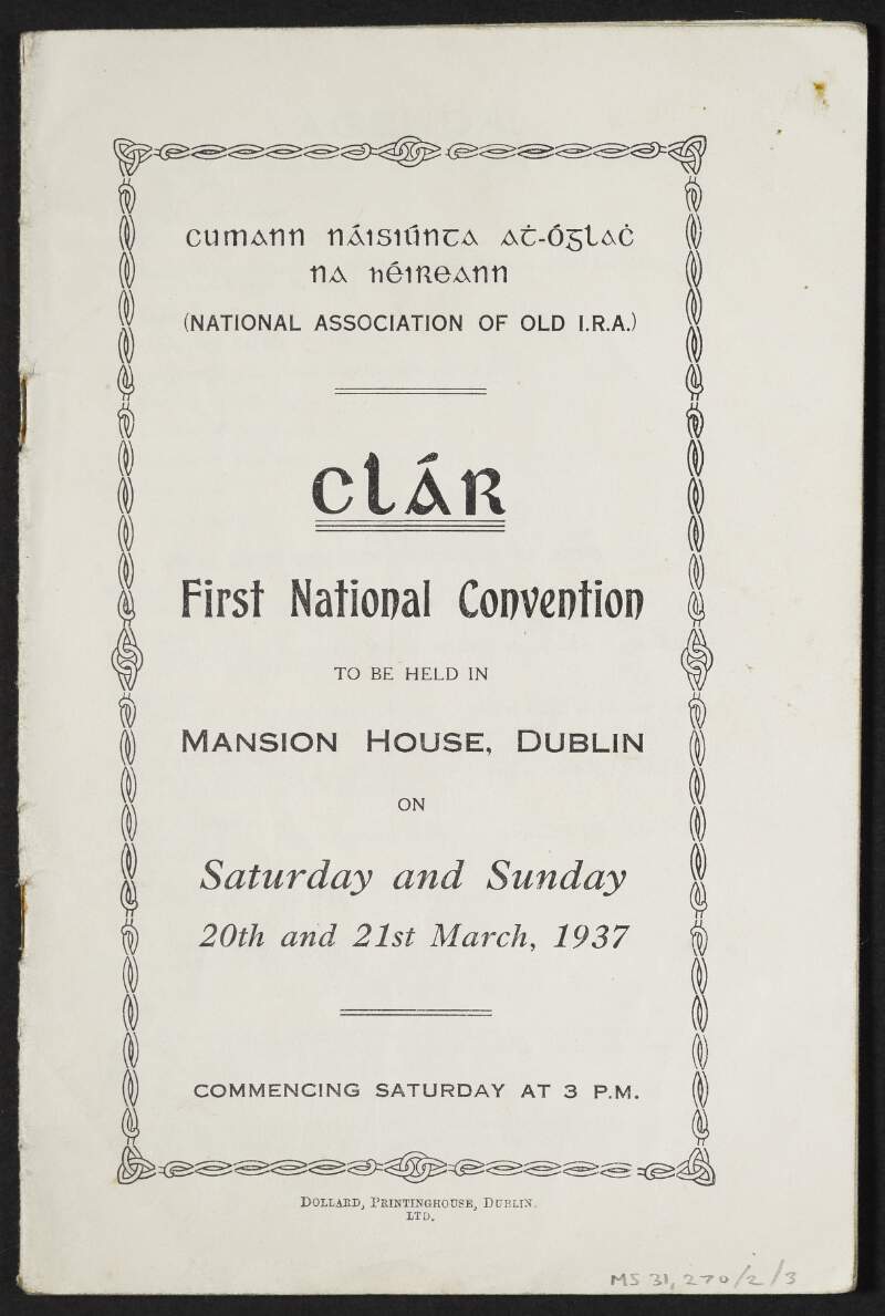 Programme for the first national convention of the National Association of Old IRA,