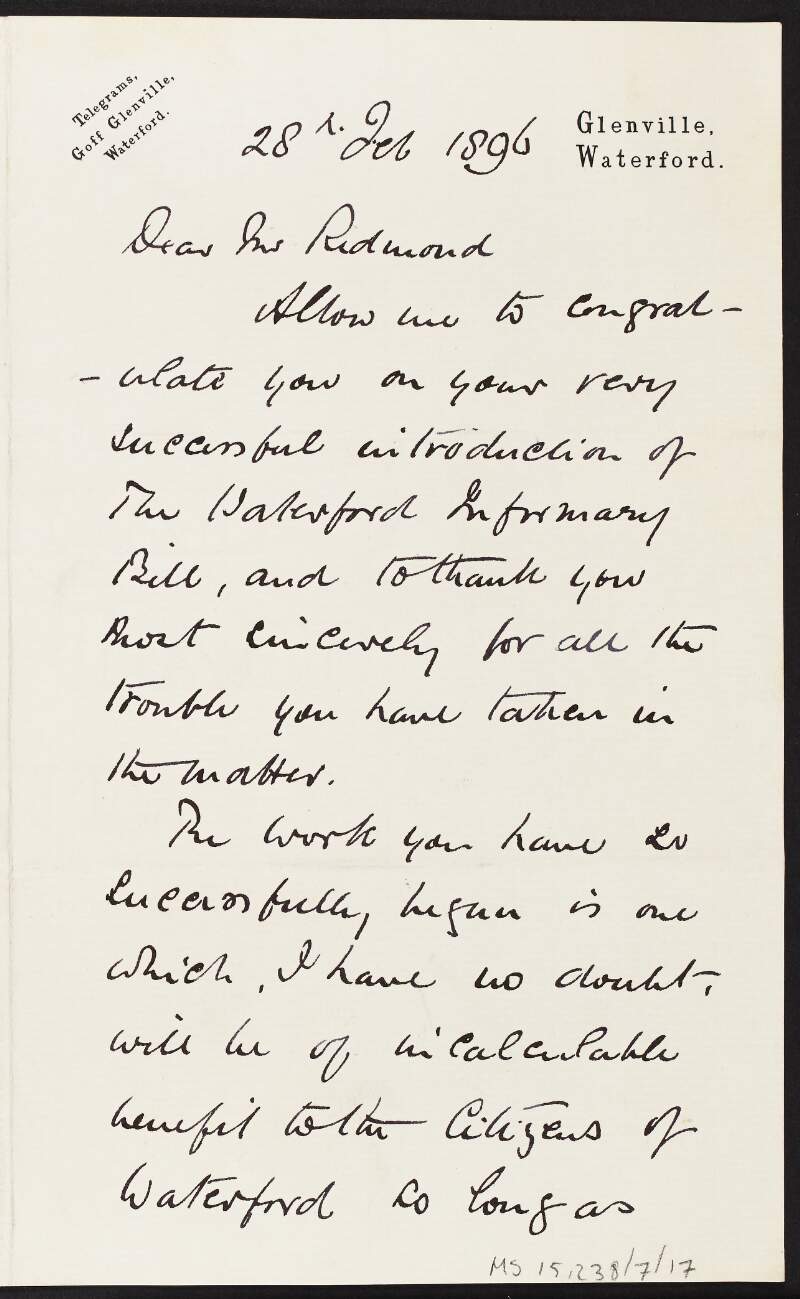 Letter from William G. Goff to John Redmond congratulating Redmond on the introduction of the Waterford Infirmary Bill,