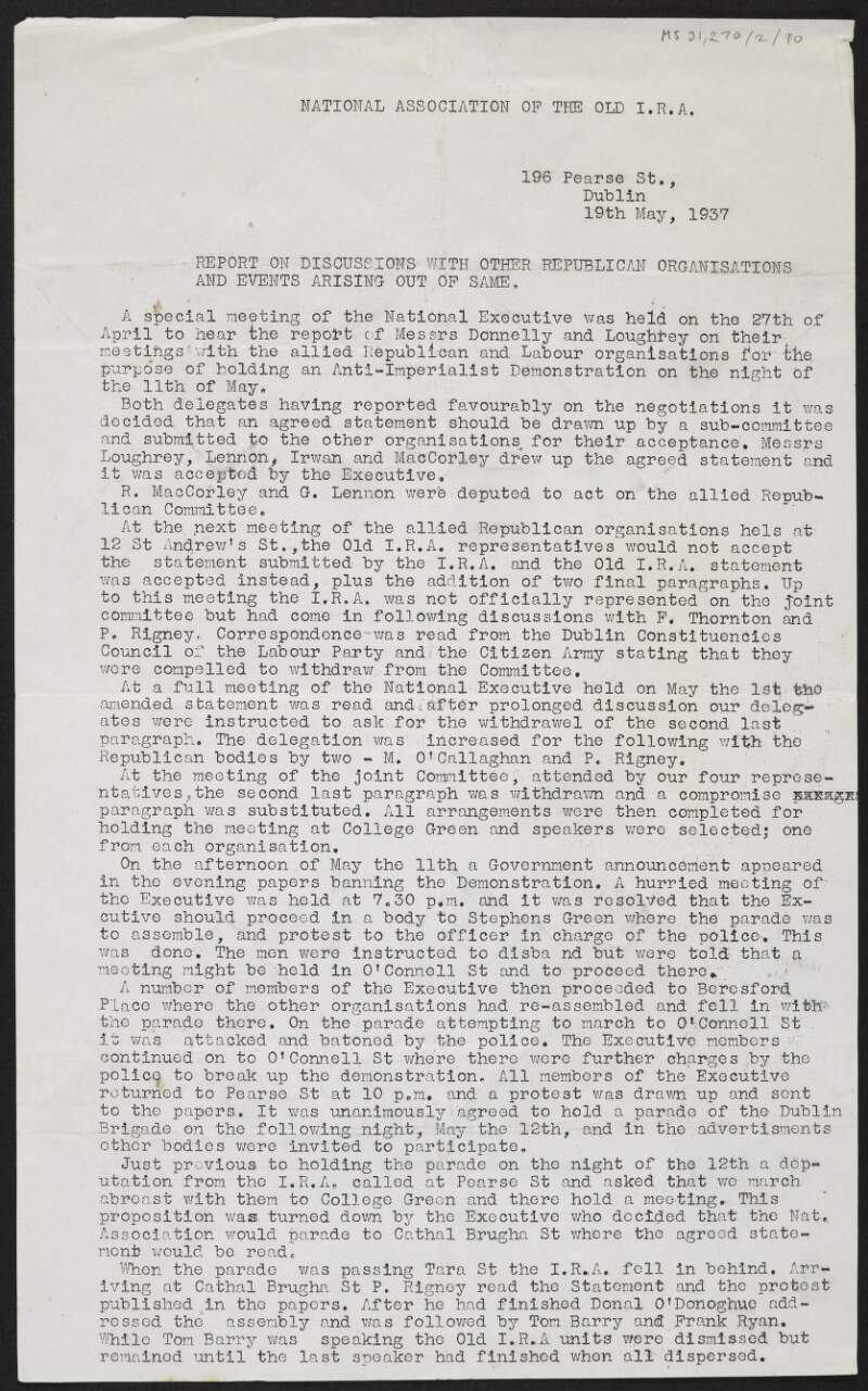 Report from the National Association of Old IRA regarding discussions with other republcan organisation,