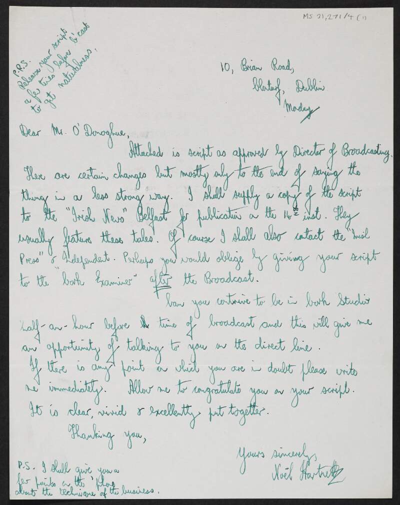 Letter from Noel Hartnett to Florence O'Donoghue regarding edits made to O'Donoghue's script for his upcoming interview on the escape of Donnchadh Mac Niallghuis from Cork Jail,