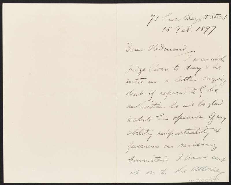 Letter from Miles Kehoe to John Redmond on his ability and his fairness as a barrister,
