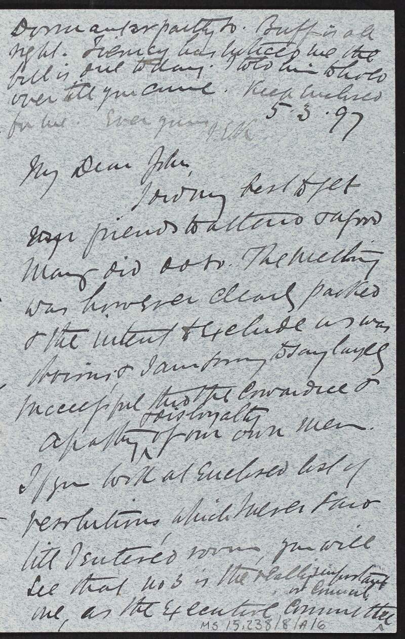 Letter from unidentified person to John Redmond regarding the outcomes of a meeting,