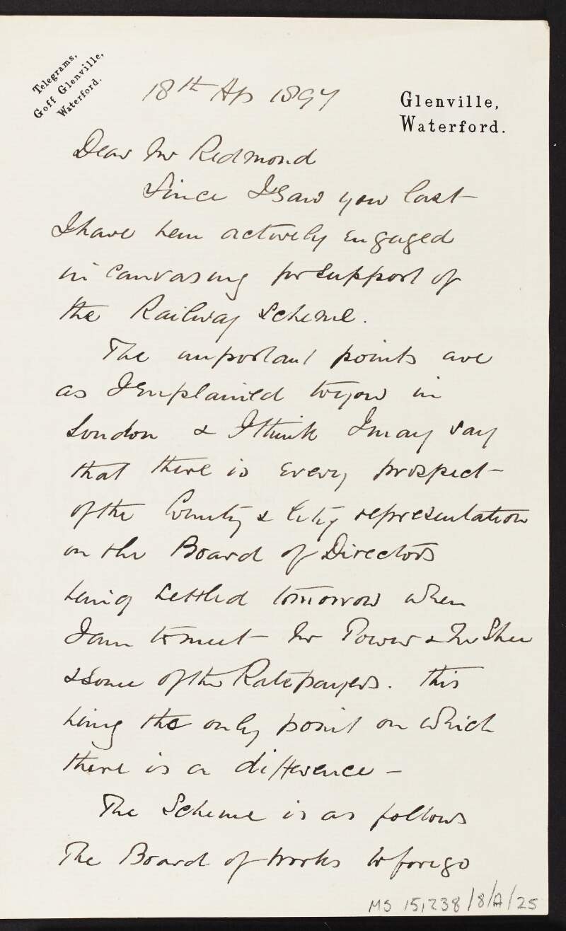 Partial letter from William G. Goff to John Redmond regarding increasing local support for a railway scheme in Co. Waterford,