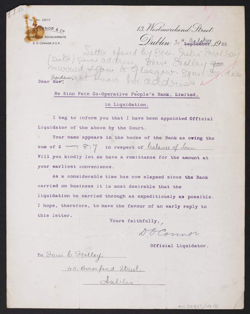 Letter from Donal O'Connor to unidentified recipient regarding money owed to the Sinn Féin Bank,