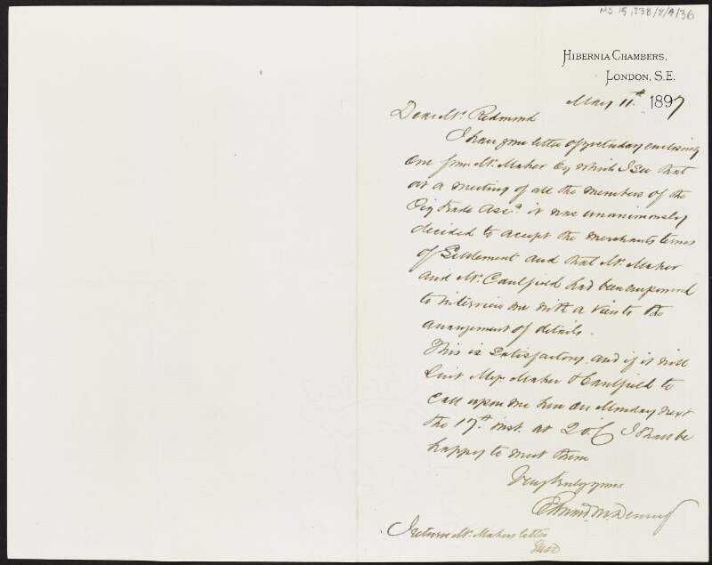 Letter from Edward M. Denny to John Redmond regarding the acceptance of the merchants' terms of settlement in their trade dispute with the Pig Trade Association,
