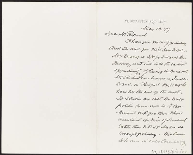 Letter from Edward M. Denny to John Redmond referring to a meeting with merchants,