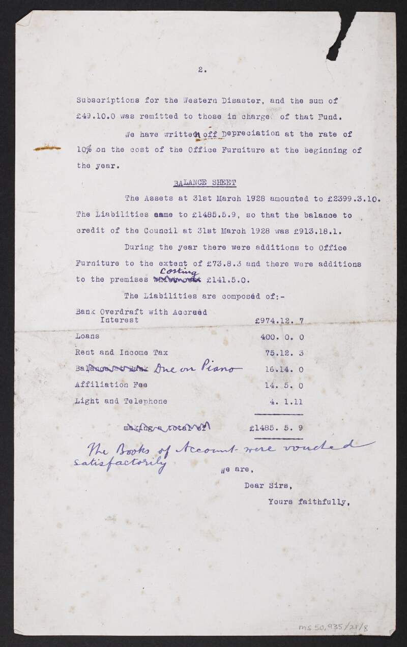 Partial letter from unidentified author to unidentified recipient regarding the liquidation of Sinn Féin,