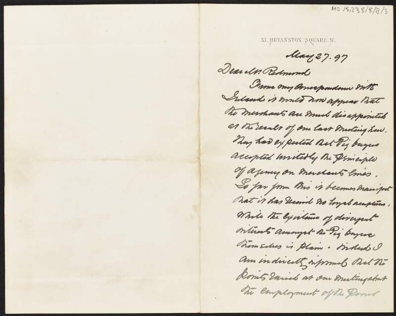 Letter from Edward M. Denny to John Redmond regarding the trade dispute between merchants and the Pigs Buyers Association,