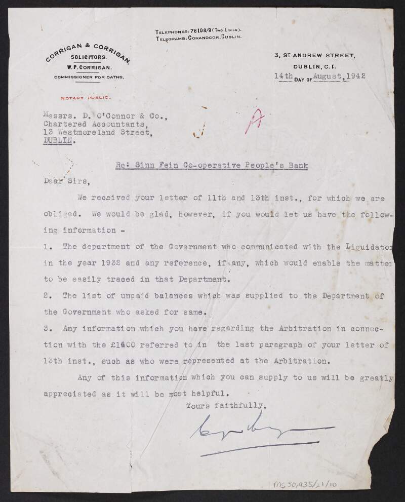 Letter from Corrigan & Corrigan, Solicitors, to Messrs D. O'Connor & Co., Chartered Accountants, requesting information regarding the liquidation of the Sinn Féin Bank,