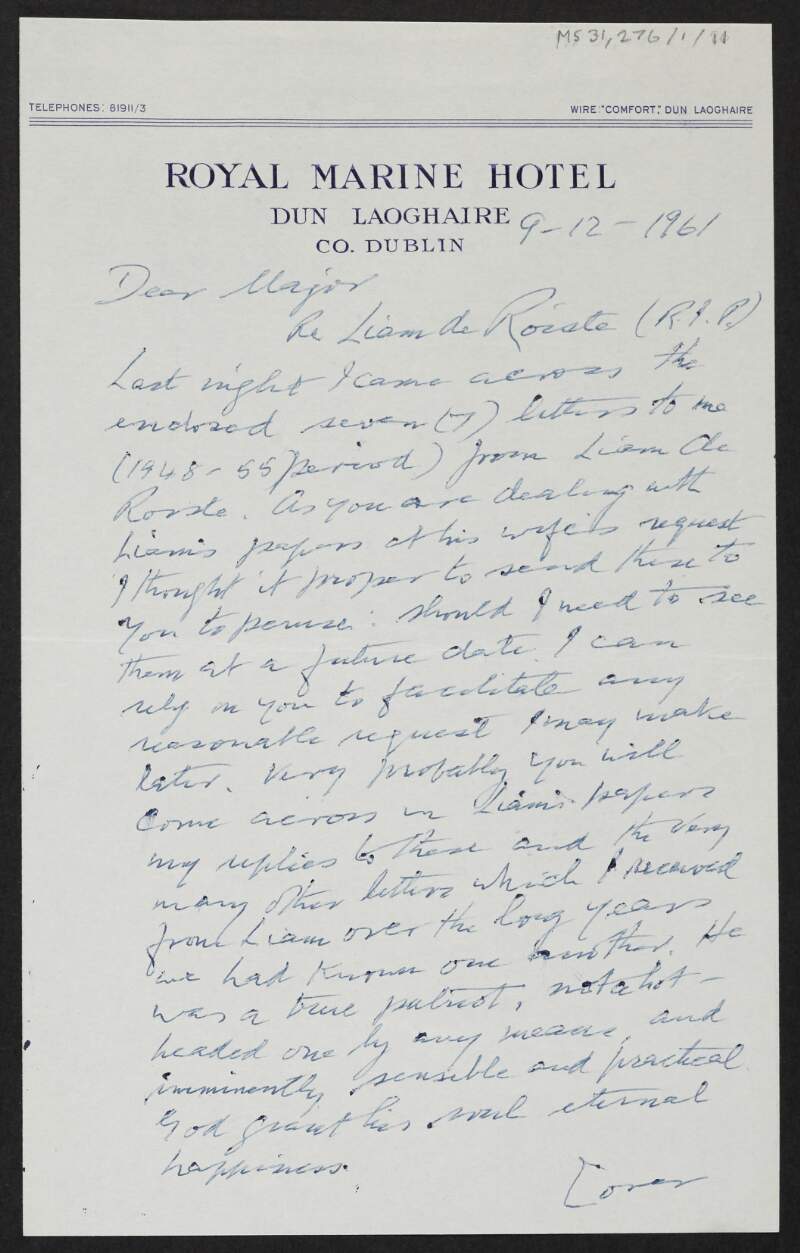 Letter from Diarmuid Fawsitt to Florence O'Donoghue enclosing letters sent by Liam De Róiste to Diarmuid Fawsitt, dated from 1948-1955,