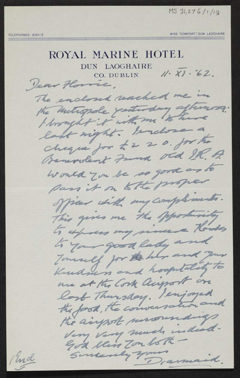 Letter from Diarmuid Fawsitt to Florence O'Donoghue enclosing a cheque for the Old IRA Benevolent Fund,