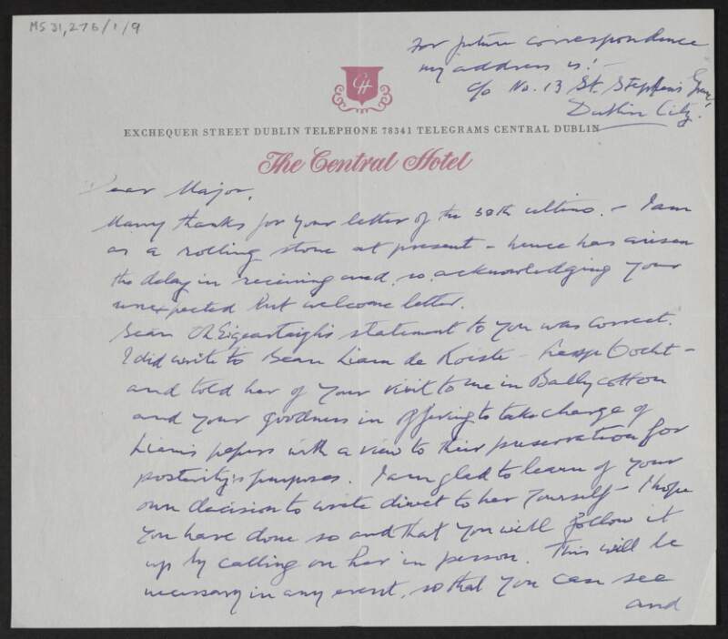 Letter from Diarmuid Fawsitt to Florence O'Donoghue regarding a visit Nora De Róiste, and encouraging O'Donoghue to visit Nora to see Liam De Róiste's papers,