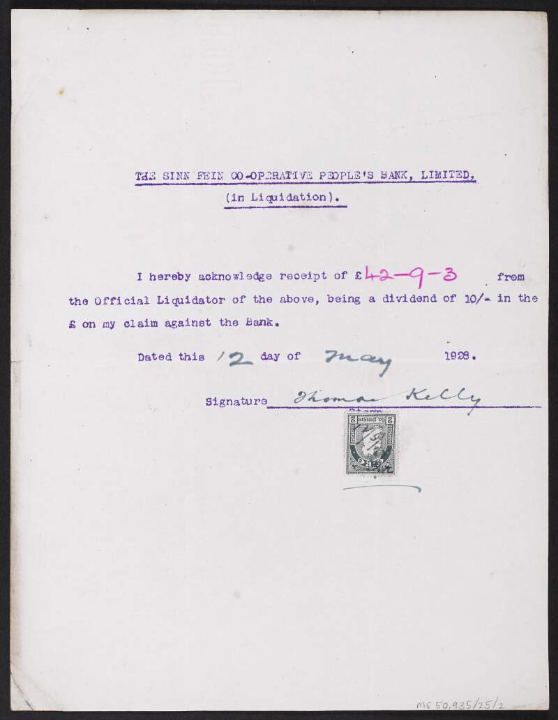 Receipt from Thomas Kelly acknowledging his dividend from the Sinn Féin Bank,