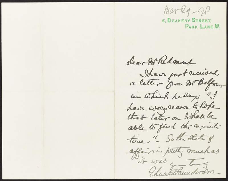 Letter from Edward Saunderson regarding a letter from "Mr. Balfour",