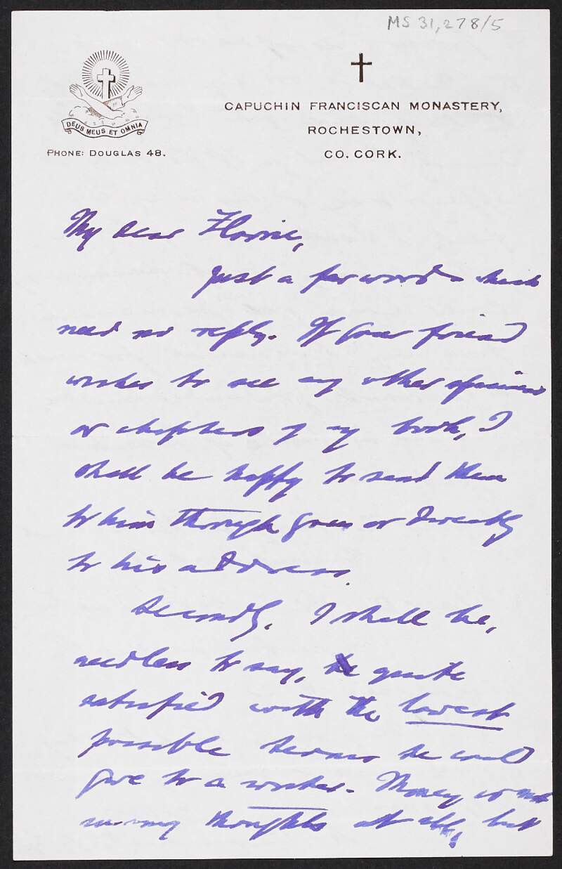 Letter from Father Augustine Hayden to Florence O'Dongohue regarding the chapter headings for his book 'Ireland's Loyalty to Mary',