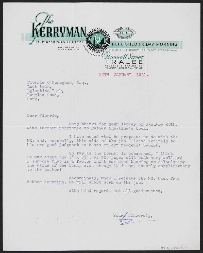 Letter from Daniel Nolan, the 'Kerryman', to Florence O'Donoghue regarding the publication of Father Augustine's book,