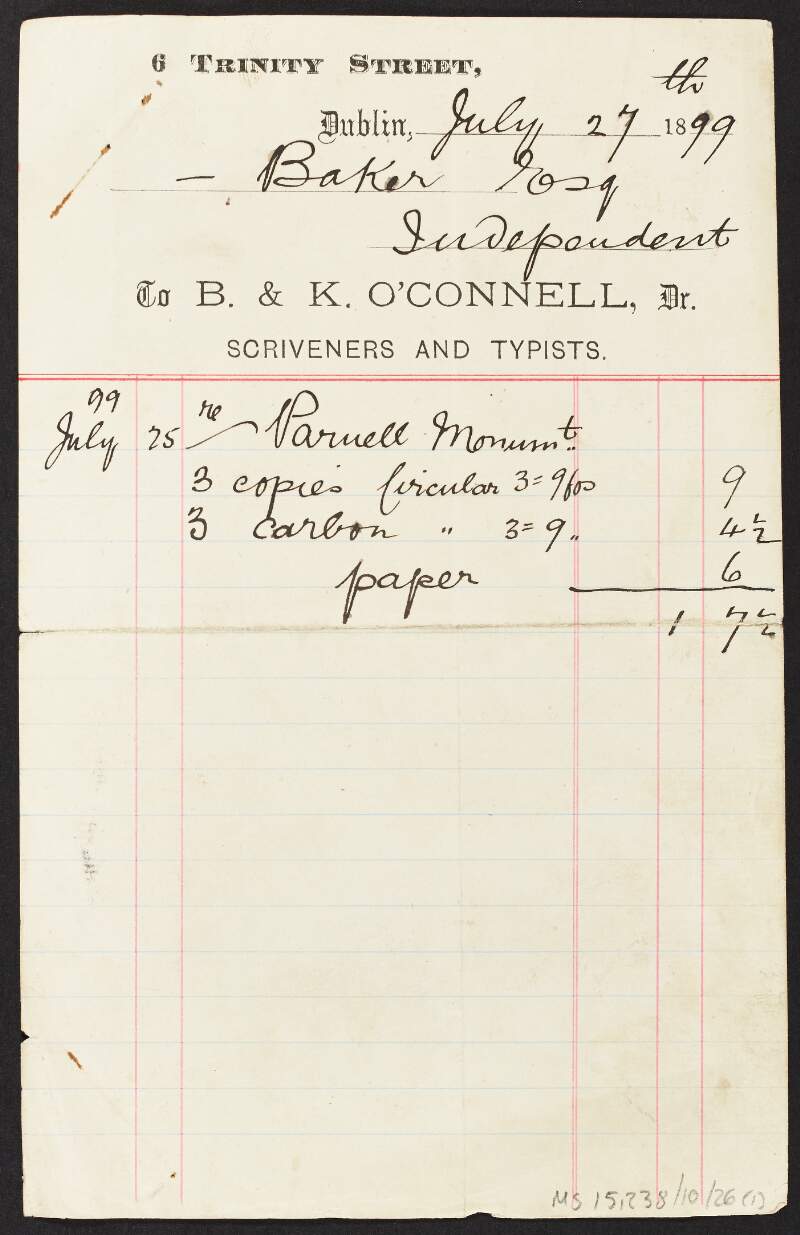 Bill from B. & K. O'Connell relating to the monument for Charles Stewart Parnell,