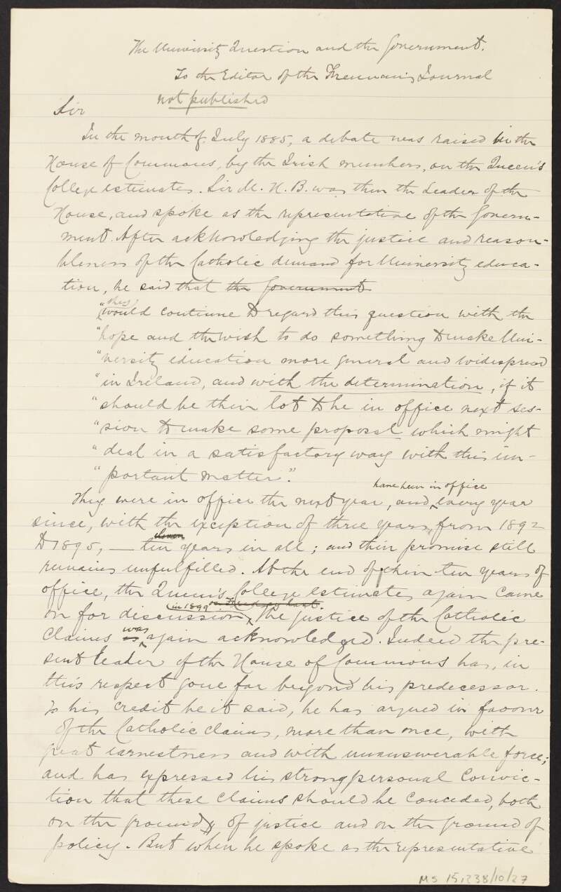 Unpublished letter from unidentified person to the editor of the 'Freeman's Journal' titled "The unanimity question and the government",