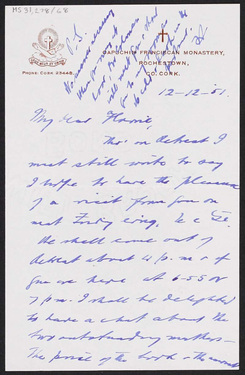 Letter from Father Augustine Hayden to Florence O'Dongohue regarding the publication of his book 'Ireland's Loyalty to Mary',