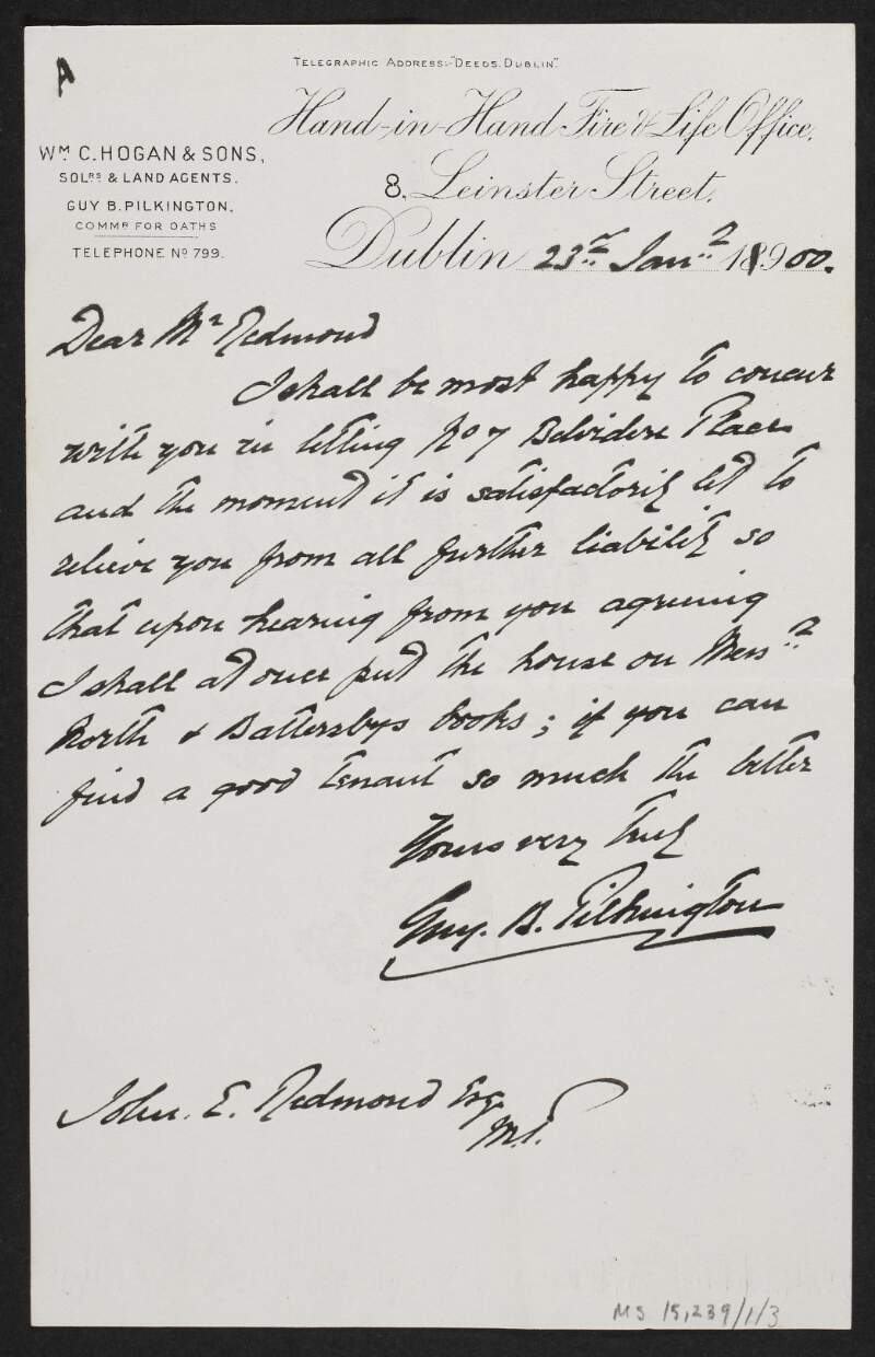 Letter from Guy B. Pilkington to John Redmond regarding a house and finding a tenant,