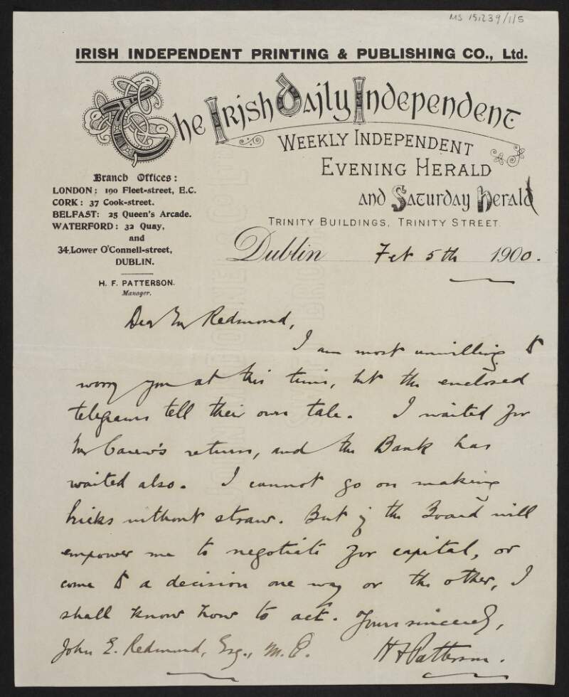 Letter from H. F. Patterson to John Redmond regarding negotiating for capital,