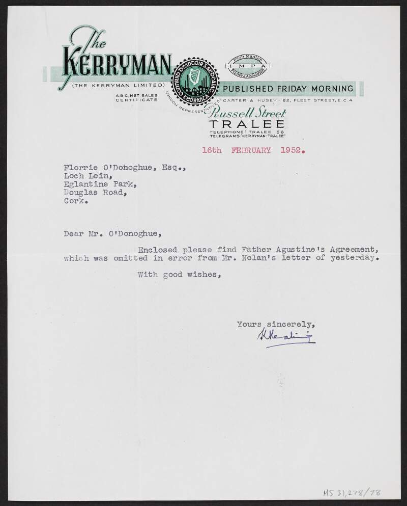 Letter from an unidentified author, the 'Kerryman', to Florence O'Donoghue returning Father Augustine's book contract,
