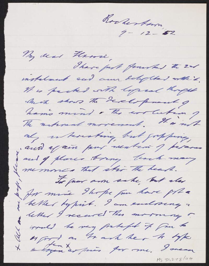 Letter from Father Augustine Hayden to Florence O'Dongohue regarding his book 'Ireland's Loyalty to Mary',