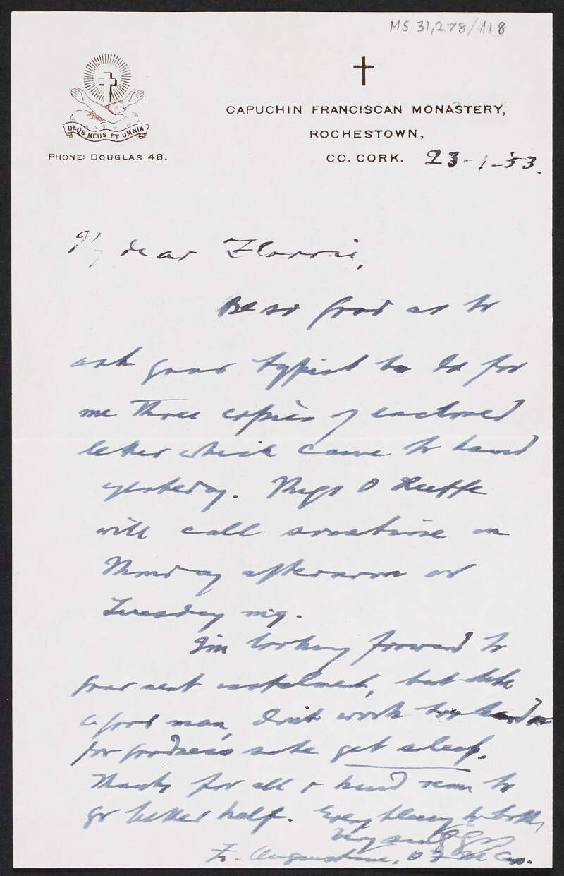 Letter from Father Augustine Hayden to Florence O'Dongohue requesting copies of his book 'Ireland's Loyalty to Mary',
