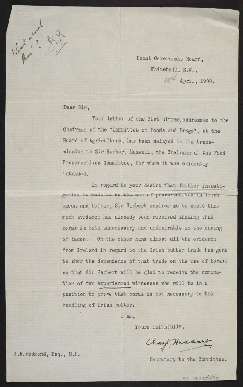 Letter from the Local Government Board to John Redmond regarding an investigation into the use of preservatives in Irish bacon and butter,
