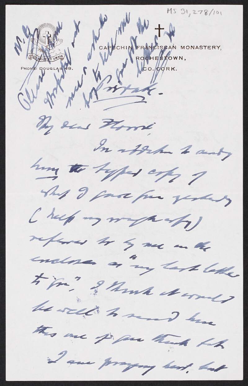 Letter from Father Augustine Hayden to Florence O'Dongohue regarding the publication of his book 'Ireland's Loyalty to Mary',