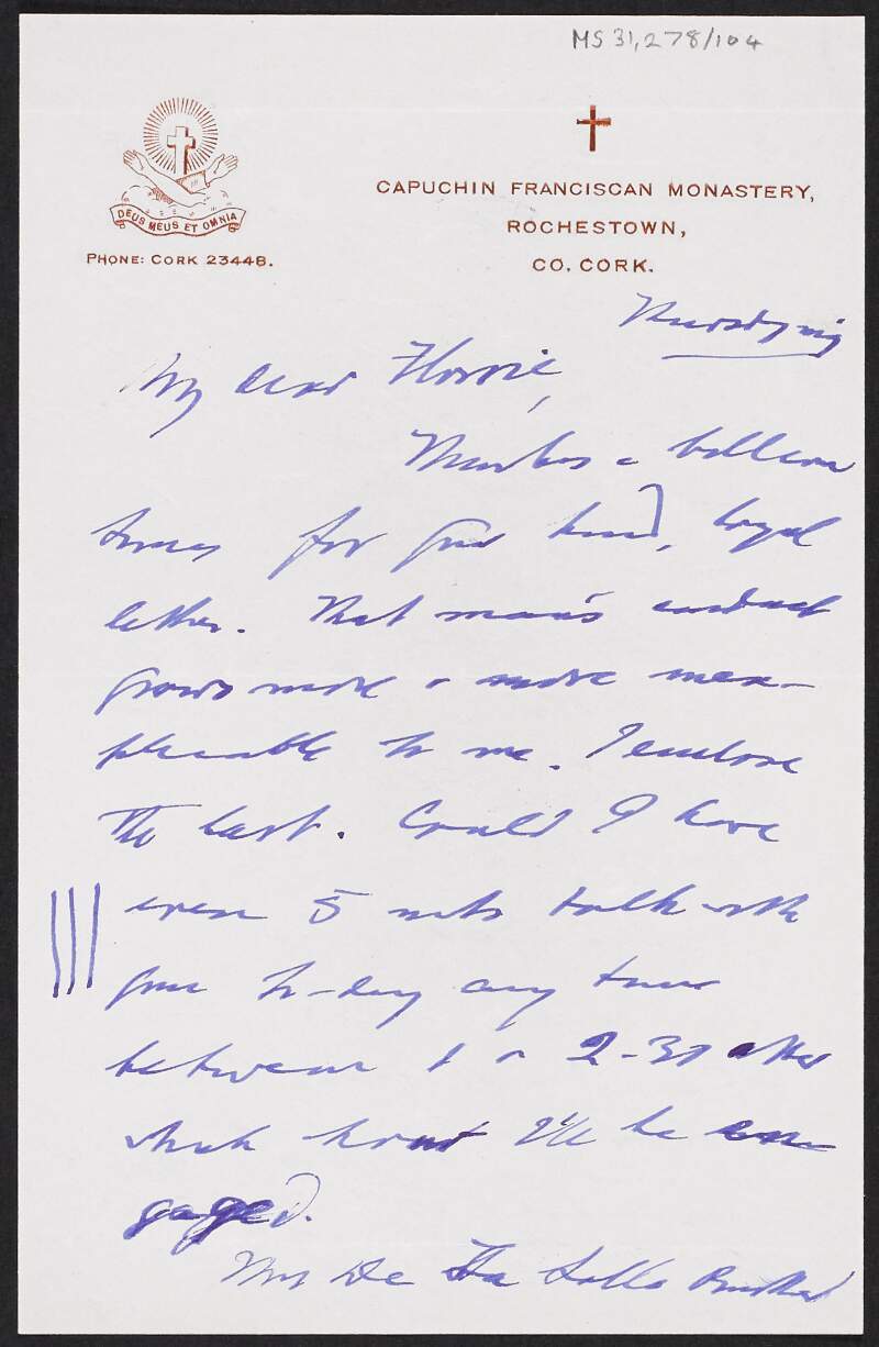 Letter from Father Augustine Hayden to Florence O'Dongohue requesting that they meet,