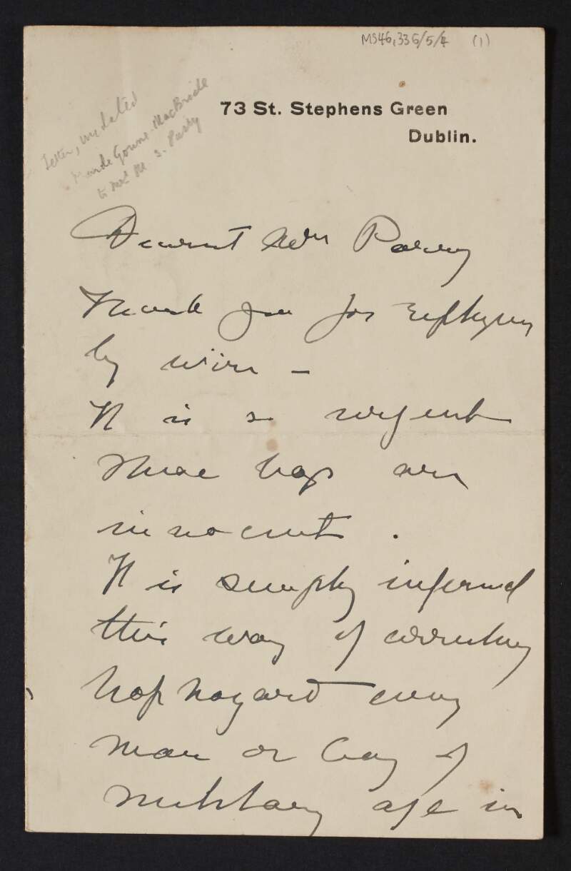 Letter from Maude Gonne to Methold Sidney Parry about the sentencing of prisoners to death,