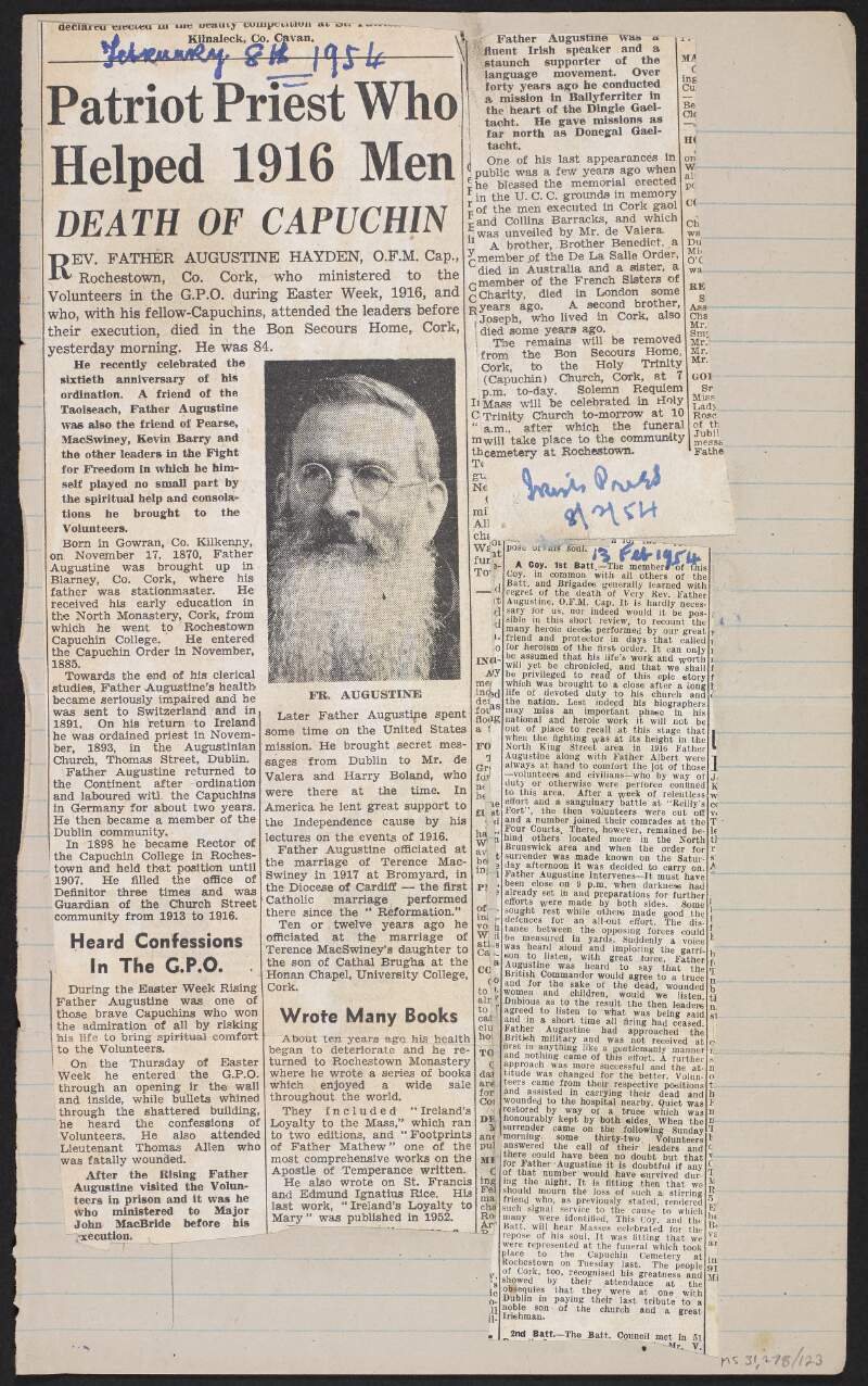 Newspaper cuttings from the 'Irish Press' regarding the death of Father Augustine Hayden,