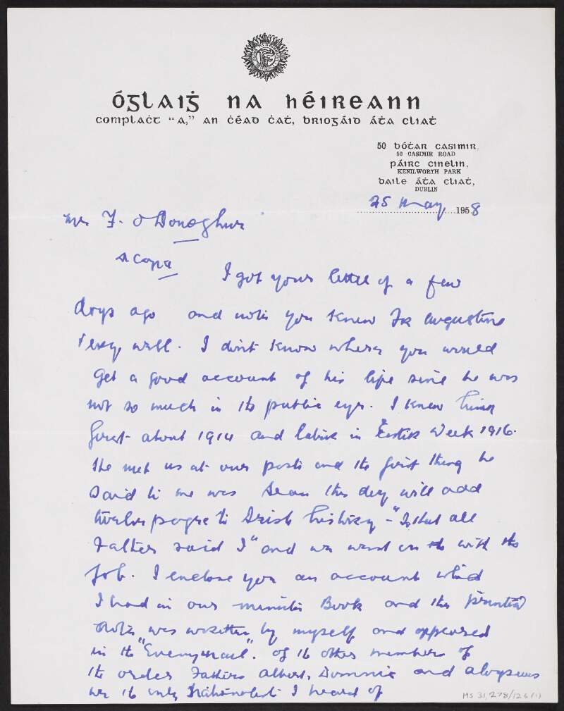 Letter from Seán O'Duffy to Florence O'Donoghue regarding Father Augustine's actions during the Easter Rising,
