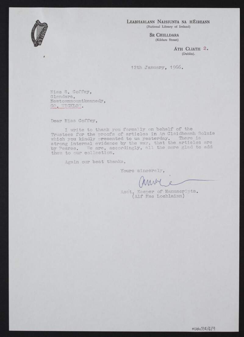 Letter from Alf Mac Lochlainn of National Library of Ireland to Saive Coffey thanking her for proofs of articles in An Claidheamh Soluis,